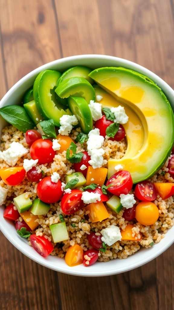 A colorful quinoa bowl with tomatoes, cucumber, bell peppers, avocado, and feta cheese, served on a wooden table.